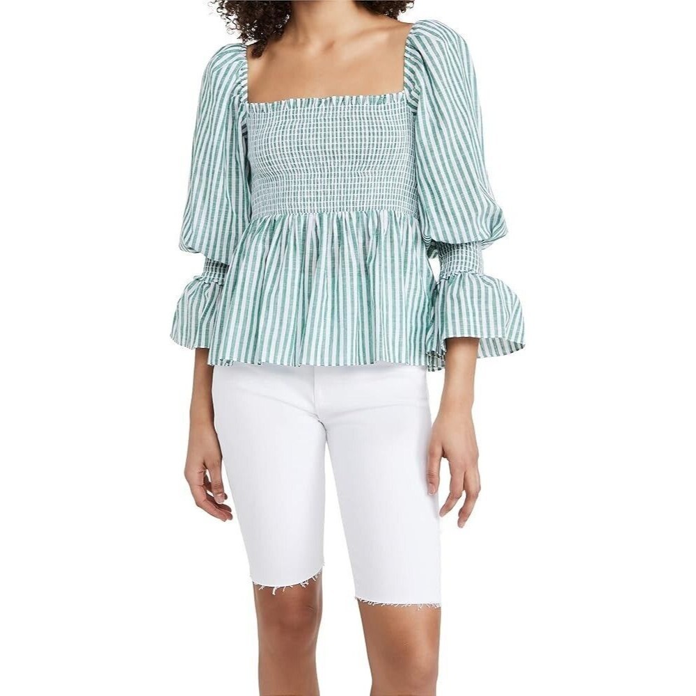 Cinq A Sept Adly Top Women's Size XS Green & White Striped Ruffle Crop Blouse